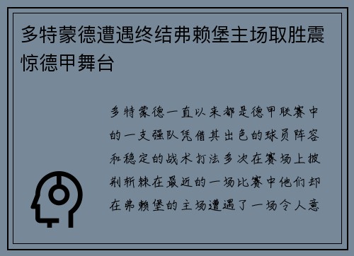 多特蒙德遭遇终结弗赖堡主场取胜震惊德甲舞台