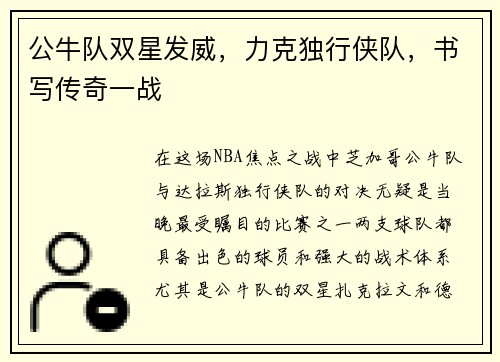 公牛队双星发威，力克独行侠队，书写传奇一战