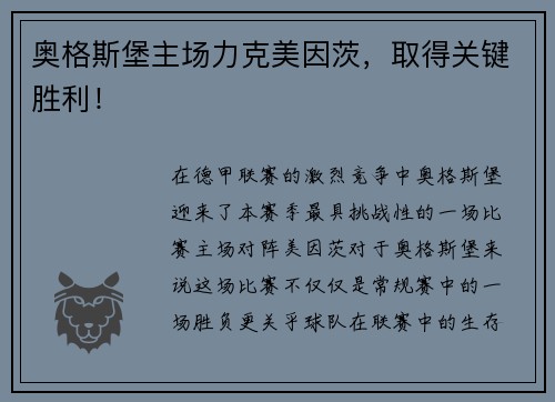 奥格斯堡主场力克美因茨，取得关键胜利！