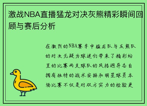 激战NBA直播猛龙对决灰熊精彩瞬间回顾与赛后分析