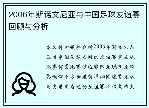 2006年斯诺文尼亚与中国足球友谊赛回顾与分析