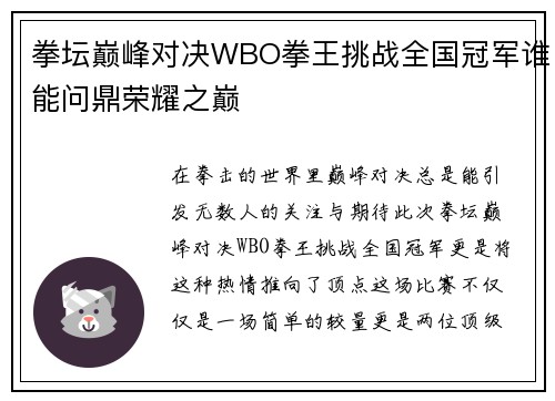 拳坛巅峰对决WBO拳王挑战全国冠军谁能问鼎荣耀之巅