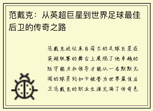 范戴克：从英超巨星到世界足球最佳后卫的传奇之路