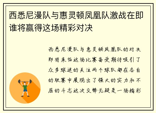 西悉尼漫队与惠灵顿凤凰队激战在即谁将赢得这场精彩对决