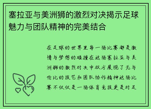 塞拉亚与美洲狮的激烈对决揭示足球魅力与团队精神的完美结合