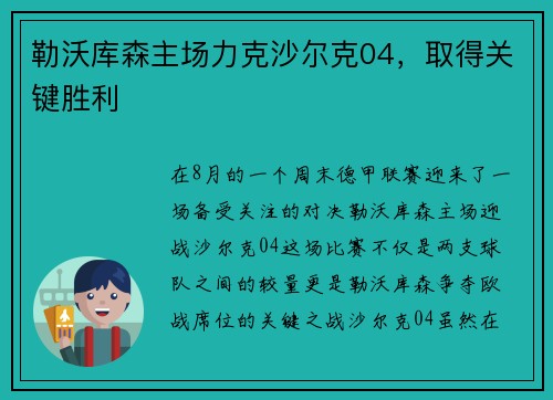 勒沃库森主场力克沙尔克04，取得关键胜利