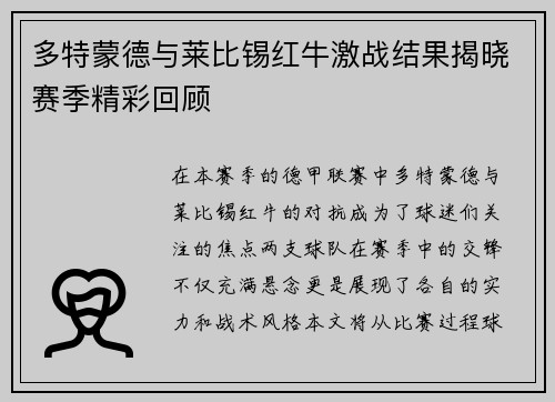 多特蒙德与莱比锡红牛激战结果揭晓赛季精彩回顾