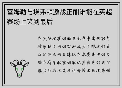 富姆勒与埃弗顿激战正酣谁能在英超赛场上笑到最后