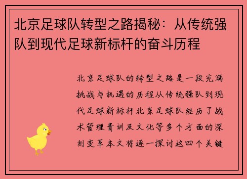 北京足球队转型之路揭秘：从传统强队到现代足球新标杆的奋斗历程